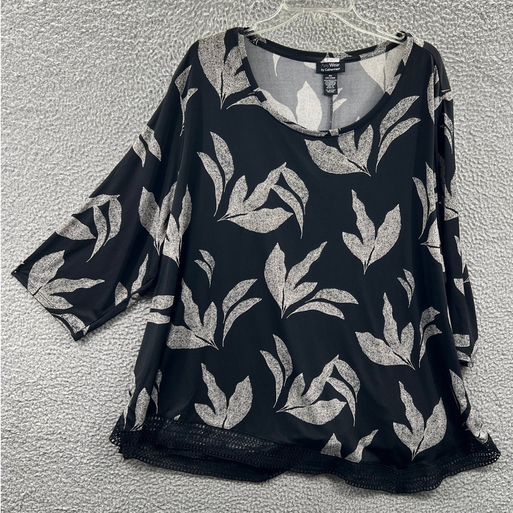 Catherines Women Tunic Top 3X Botanical Leaf Print Lace Hem Stretch Relaxed Plus
